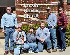 Staff of the Lincoln Sanitary District: (from left to right) Chad Markie-Operator, Allen Nash-Mechanic, Darla Osgood-Bookeeper, Scott Hassletine-Operator, Darold Wooley-Superintendent.